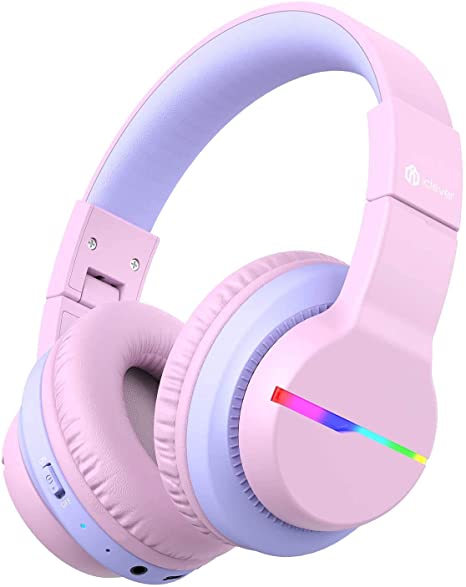 iClever Headphones for Girls BTH12 Kids Headphones with Mic, Colorful LED Lights Kids Bluetooth Headphones with 74/85/94dB Volume Limited Over Ear, 40H Playtime, Bluetooth 5.0, Built-in Mic for School/Tablet/PC/Airplane, Pink