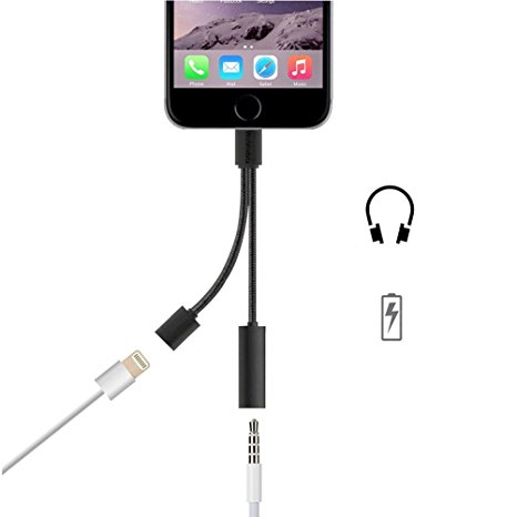 2 in 1 Lightning to 3.5 mm Audio Adapter for iPhone 7,Wafalodata Lightning to Aux Headphone Nylon Cable Splitter with Fast Charging for iPhone 7 7Plus (No Music Control and Phone Calling)