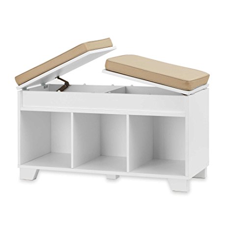 White Split Top Cushioned Seating Storage Bench