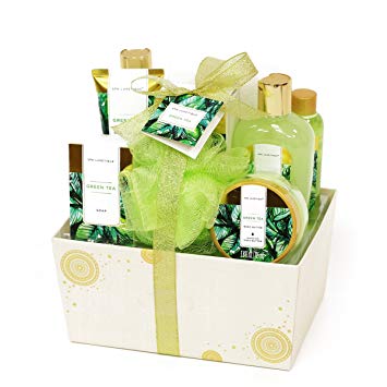 Spa Luxetique Spa Gift Basket with Renewing Green Tea Essential Oils, Deluxe 8pc Gift Baskets for Women, Decorative Box with Ribbon, Spa Gift Set Includes Soap, Body Lotion, Bubble Bath & More!