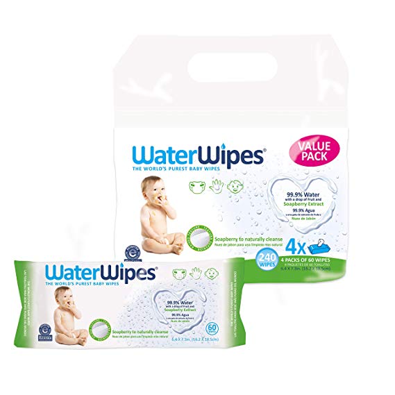 WaterWipes Hand Face Baby Wipes with Soapberry - 240 Wipes (4 Pack of 60Count)