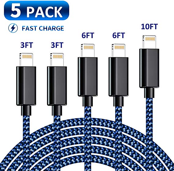 iPhone Charger MFi Certified Lightning Cable 5 Pack（3/3/6/6/10FT） Compatible iPhone Xs/Max/XR/X/8/7 6