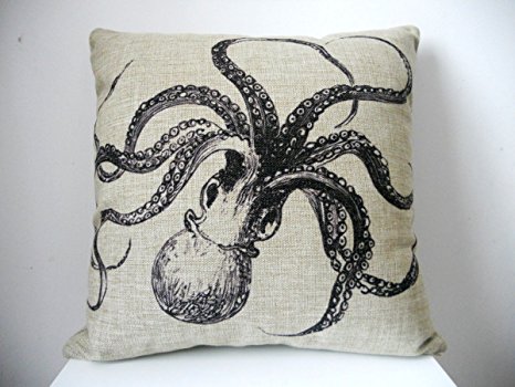 OliaDesign Decorative Cotton Linen Square Throw Pillow Case Cushion Cover Shell Pillowcase for Sofa Octopus, 18"x 18"
