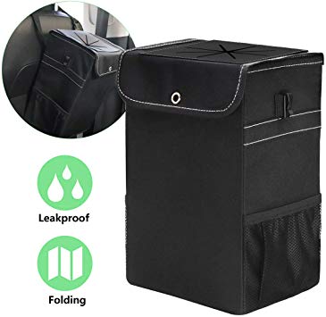 W J Zone Car Trash Can-Waterproof Car Trash Can Bag with Lid and Storage Pockets Portable Car Accessories Organizer for Women,with Leak-Proof Vinyl Inside Lining