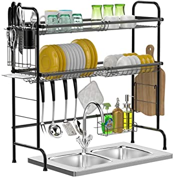 Over The Sink Dish Drying Rack, BuyAgain 2 Tier Over Sink Dish Rack Stainless Steel Over Sink Organizer Shelf Non Slip for Kitchen, Black