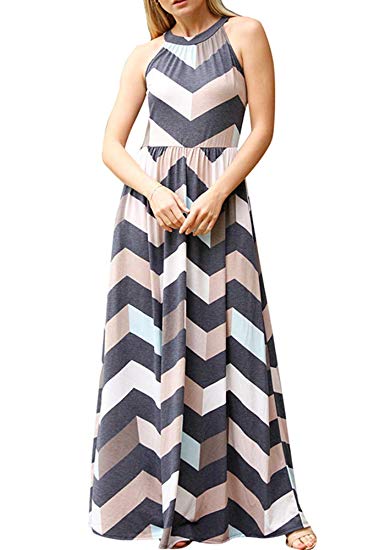 Poulax Women's Summer Casual Striped Long Maxi Dress Sleeveless Loose Plain Tank Dresses with Pockets