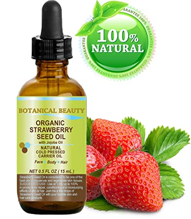 STRAWBERRY SEED OIL ORGANIC. 100% Pure Moisturizer/ Natural Cold Pressed Carrier oil. 0.5 Fl.oz.- 15 ml. For Skin, Hair, Lip and Nail Care. "One of the highest anti-oxidant oil, rich in Omega-3 and Linolenic Acid." Botanical Beauty.