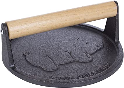 Chef's Secret 7-Inch Preseasoned Cast Iron Bacon Press, Durable Kitchen Tool with Pig Logo and Wood Handle