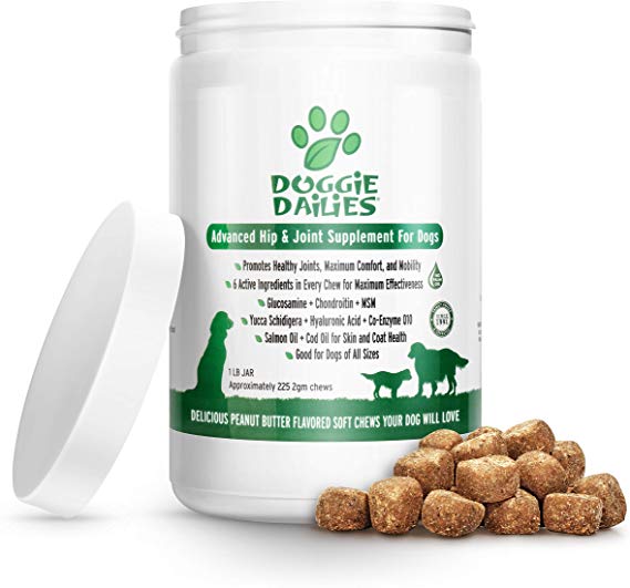 Doggie Dailies Glucosamine for Dogs, 225 Soft Chews, Advanced Hip and Joint Supplement for Dogs with Glucosamine, Chondroitin, MSM, Hyaluronic Acid and CoQ10, Premium Joint Relief for Dogs
