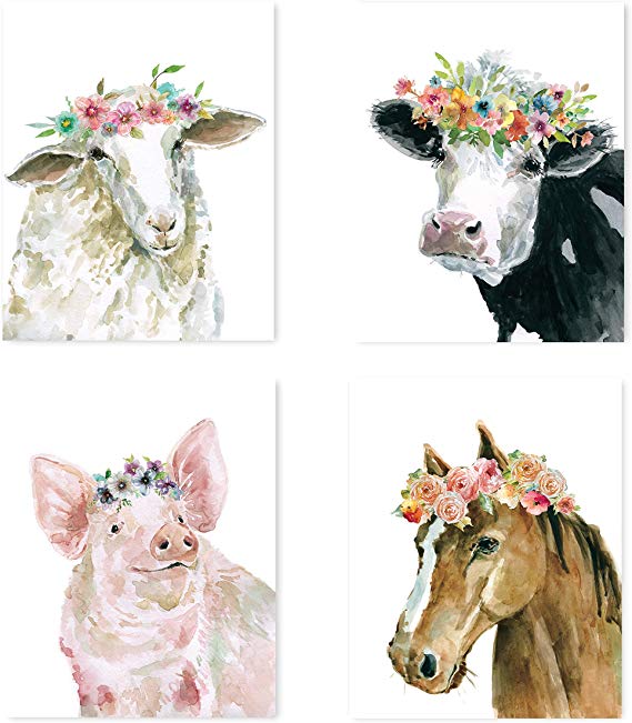 Renditions Gallery Farm Animal Sheep, Cow, Pig and Horse Nursery Wall Art Fine Giclee Print Poster Set of 4, 18x27