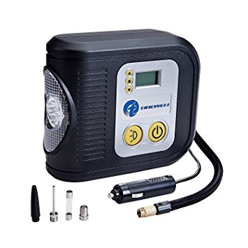 amiciKart TIREWELL 12V Digital Tyre Inflator - Portable Air Compressor with LED Light and 3 Different Adapters With Auto Cutoff
