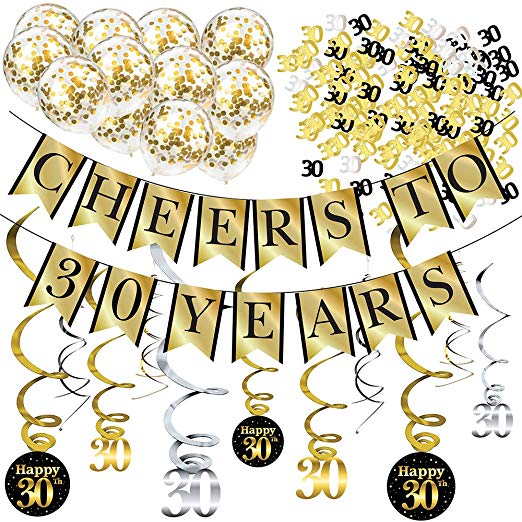 30th Birthday and Anniversary Decorations Party Pack - Cheers to 30 Years Banner, Balloons, Swirls and Confetti Party Supplies