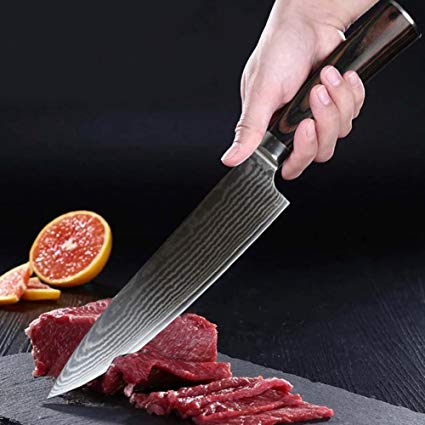 Utility Knife - Professional Chef's Knife, 8 inch High-Quality VG-10 Damascus Steel Sharp Blade and Humanized Wooden Handle