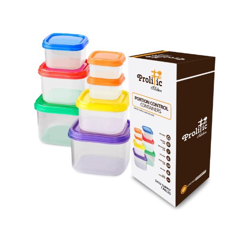 21 Day Fix Container Set by Prolific Kitchen - 7 Piece Portion Control Container Set - Color Coded Lids with Free Guide Included - BPA Free, Leak Proof, Microwave Safe - Takes The Guess Work Out of Dieting - Satisfaction Guaranteed, Order Today!