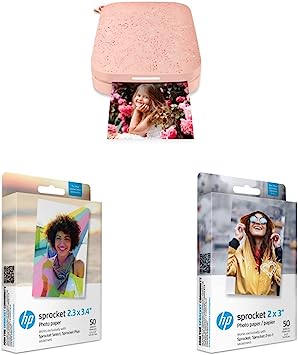 HP Sprocket Portable 2x3 Instant Photo Printer (Blush) & Sprocket 2.3 x 3.4 Premium Zink Sticky Back Photo Paper (50 Sheets) & Sprocket 2x3 Premium Zink Sticky Back Photo Paper (50 Sheets)