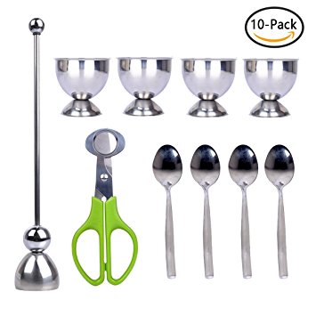 Prokitchen Egg Holder Cracker Topper Set Soft Hard Boiled Eggs Remover Cutter Eggshell Opener with Stainless Steel Egg Cups, Spoons and Quail Egg Scissors Set of 10