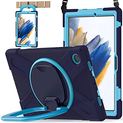 BATYUE Case for Samsung Galaxy Tab A8 10.5 inch, 2022 Released SM-X200/X205/X207, Shockproof Protective Rugged Case with Pencil Holder/ 360° Swivel Stand/ Handle Grip/ Shoulder Strap -- Navy Blue