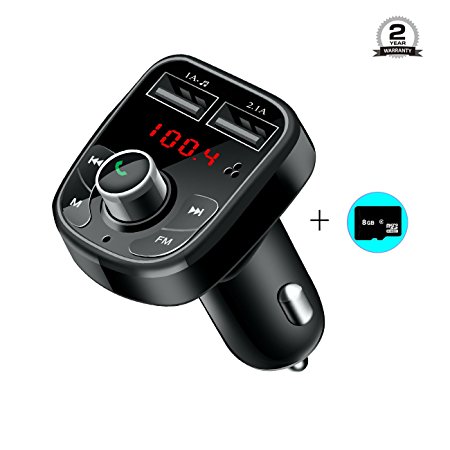 Fm Transmitter Car Bluetooth, LTS Future Car Radio Adapter Handsfree Car Kit Built-in with TF Card Slot and Dual USB Port Charger, MP3 Player Car Kits with an additional 8G TF Card