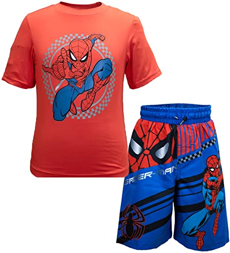 Marvel Boys Spiderman Slinging Web Red Blue Rashguard and Swimshorts Set Fashionable Swimwear for Kids