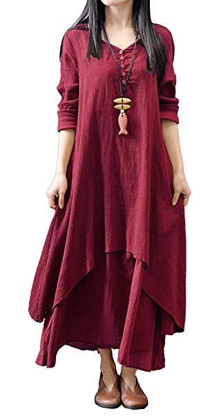 R.Vivimos Women Long Sleeve Cotton Casual Loose Plus Size Irregular Long Dresses