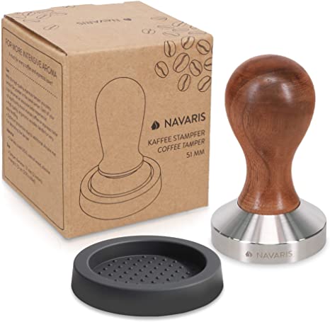 Navaris Coffee Tamper - Handheld Stainless Steel Espresso Press with Walnut Handle for Coffee Grounds - 51 mm Coffee Ground Compressor