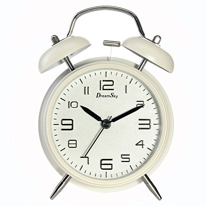DreamSky Silent 4" Twin Bell Alarm Clock With Loud Alarms , Quartz Non Ticking Retro Bedside Clock , Battery Operated,White