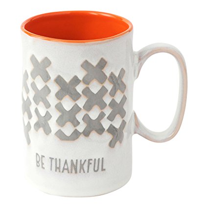 Hallmark Home Stoneware Mug, "Be Thankful" Cross Pattern with Orange Interior Glaze