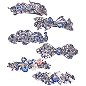 Messen 6 Pack Crystal Rhinestones Hair Barrettes Flower Butterfly French Clip Vintage Spring Hair Clips Bridal Wedding Formal Event Navy Blue Hair Jewelry for Women Girls