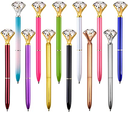 Coopay 12 Pieces Crystal Diamond Pens Bling Rhinestones Metal Ballpoint Pens Black Ink for School Office, 12 Different Colors
