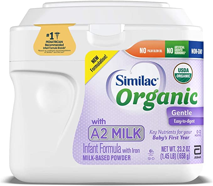 Similac Organic with A2 Milk Infant Formula, 6 Count, Gentle and Easy to Digest, with Key Nutrients for Baby’s First Year, No Palm Olein Oil, Non- GMO Baby Formula Powder, 23.2-oz Each