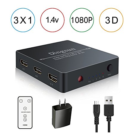 HDMI Switch, HDMI Switch Remote, 3 Port HDMI Switch with Remote Control and AC Power Adapter, HDMI Switches Supports 4K, 1080P, 3D (3 IN 1 OUT HDMI Switcher)
