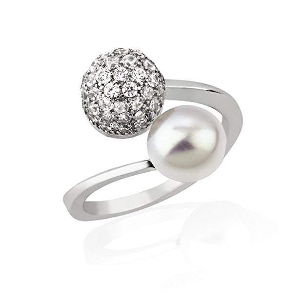 925 Sterling Silver CZ Cubic Zirconia & Cultured Freshwater Pearl Ball Wrap Around Adjustable Ring