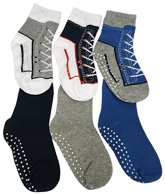 N'Ice Caps Boys and Baby Cotton/Spandex Casual Crew Gripper Socks - 6 Pair Pack