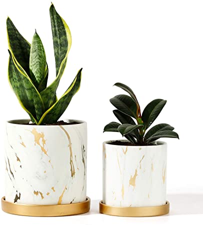 POTEY Ceramic Flower Plants Pots Planter - 3.8 Inch   5.1 Inch Marble Container Drainage with Sacuer Indoor Herb Garden Bonsai Planting - Set of 2 (White)