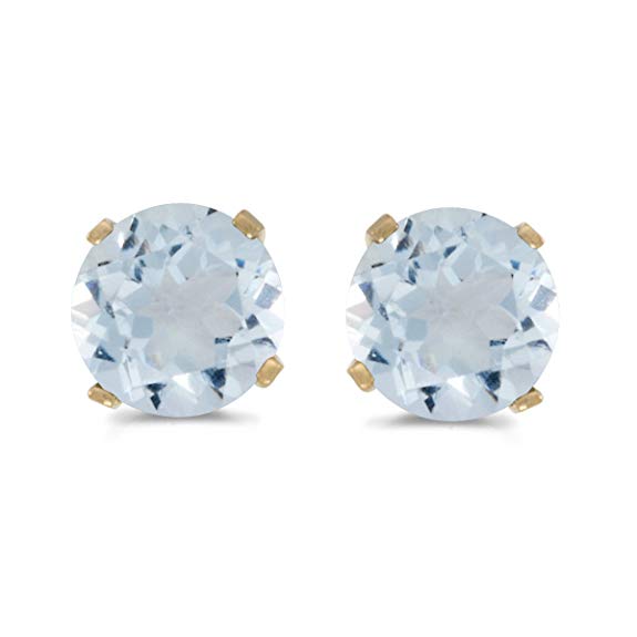 5 mm Natural Round Aquamarine Stud Earrings Set in 14k Yellow Gold