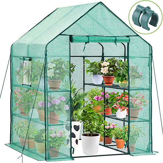 Greenhouse for Outdoors with Observation Windows (New Version), Ohuhu Large Walk-In Plant Greenhouse, 3 Tiers 12 Shelves Stands Green House, Bonus Ground Pegs & Ropes for Stability, 4.9 X 4.7 X 6.4 FT