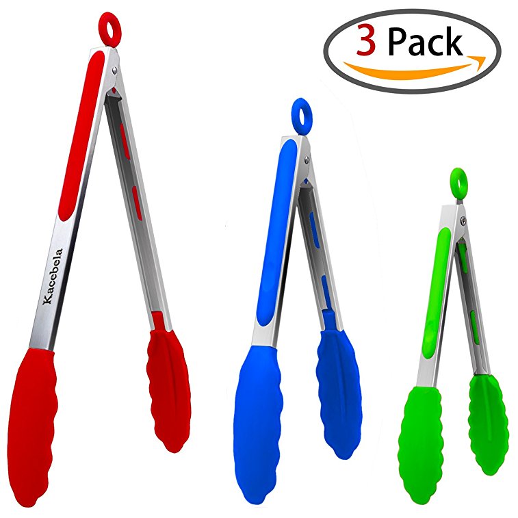 Kacebela Kitchen Tongs, Set of 3 Non-Slip Stainless Steel Silicone Tongs Set BBQ Grilling Tongs - 7" & 9" & 12" - Multi Color