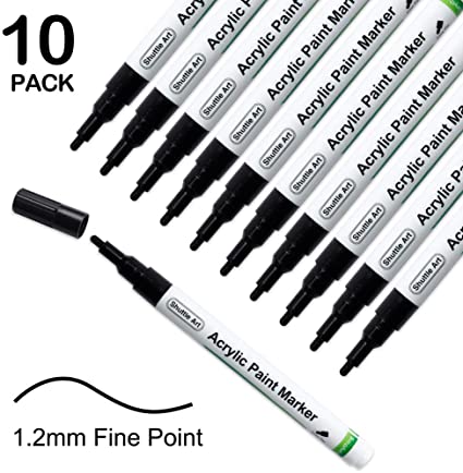 Black Paint Pen, Shuttle Art 10 Pack Fine Tip Acrylic Paint Pens, Water-Based Quick Dry Paint Markers for Rock, Wood, Metal, Plastic, Glass, Canvas, Ceramic