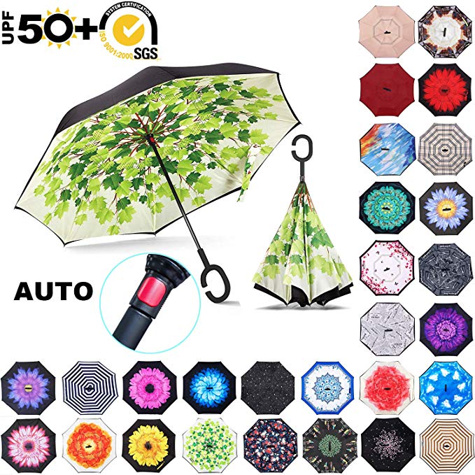 ABCCANOPY Inverted Umbrella,Double Layer Reverse Windproof Teflon Repellent Umbrella for Car and Outdoor Use, UPF 50  Big Stick Umbrella with C-Shaped Handle and Carrying Bag, 30  Multi Colors