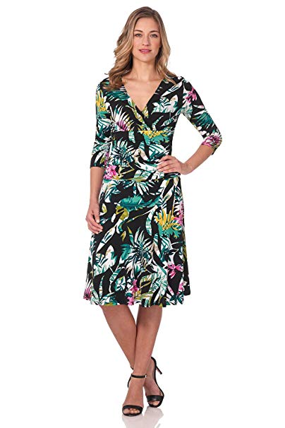 Rekucci Women's Slimming 3/4 Sleeve Fit-and-Flare Crossover Tummy Control Dress