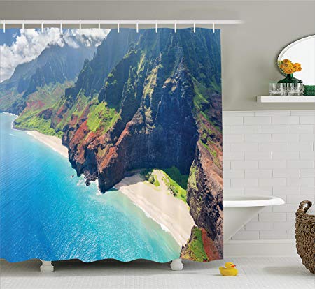 Ambesonne Hawaiian Decorations Shower Curtain Set, Na Pali Coast On Kauai Island On Hawaii in A Sunny Day Seaside Mountain Skyline, Bathroom Accessories, 84 Inches Extralong