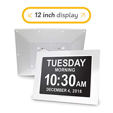 American Lifetime [Newest Version 12 Inch Day Clock - Extra Large Impaired Vision Digital Clock with Battery Backup & 5 Alarm Options - White