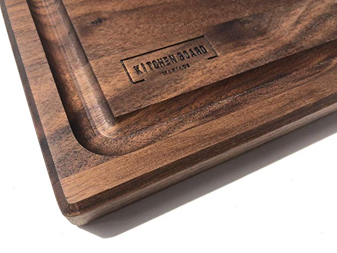 Walnut Wooden Cutting Board by Kitchen Board Maniacs - 16 x 10 1/2 Walnut Wood Cutting Board and Butcher Block Counter top with Juice Drip Groove
