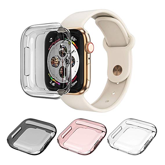 Monoy Case Apple Watch Series 4 Screen Protector 44mm, [3-Pack Colorful] All Around Soft TPU Protective Cover Case iWatch 4 44mm (Clear Grey Rose Gold)