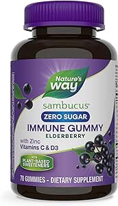 Nature’s Way Sambucus Zero Sugar Immune Gummies, Daily Immune Support*, Black Elderberry Extract, Vitamin C, Vitamin D3, Zinc, Sugar Free, Sugar Alcohol Free, Plant-Based Sweeteners, 70 Gummies