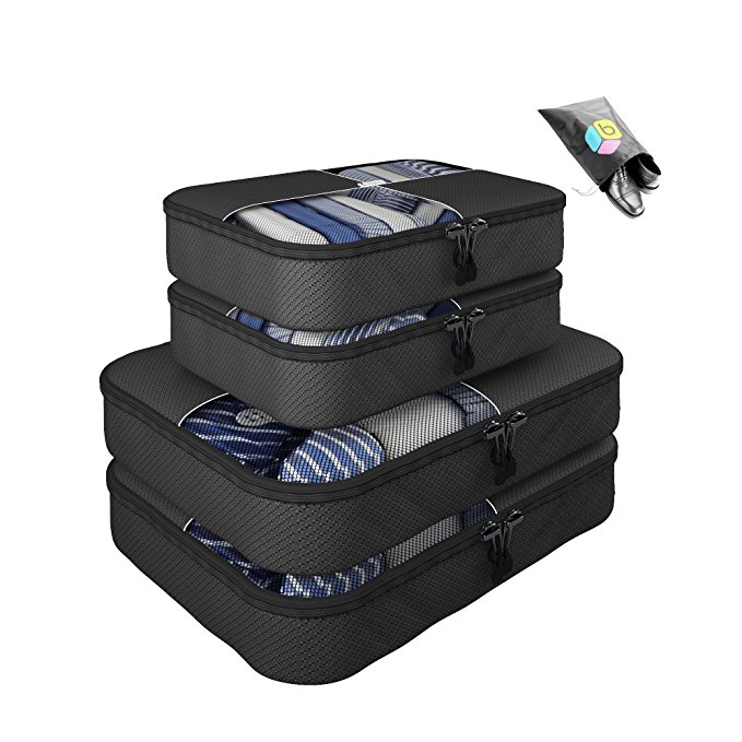 Packing Cubes - 5 pc Value Set Luggage Organizer - 2 Large & 2 Medium   Bonus Shoe Bag Included - Lifetime Guarantee - By Bingonia Travel Accessories