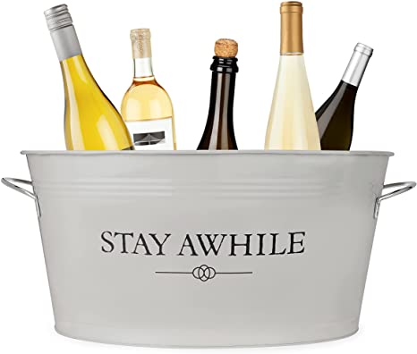 Twine Stay Awhile White Painted Galvanized Ice Bucket and Metal Tub, Wine Bottle, Beer Bottle Bucket, 13.5 x 23 x 9.25 Inches, 6.3-Gallon Capacity