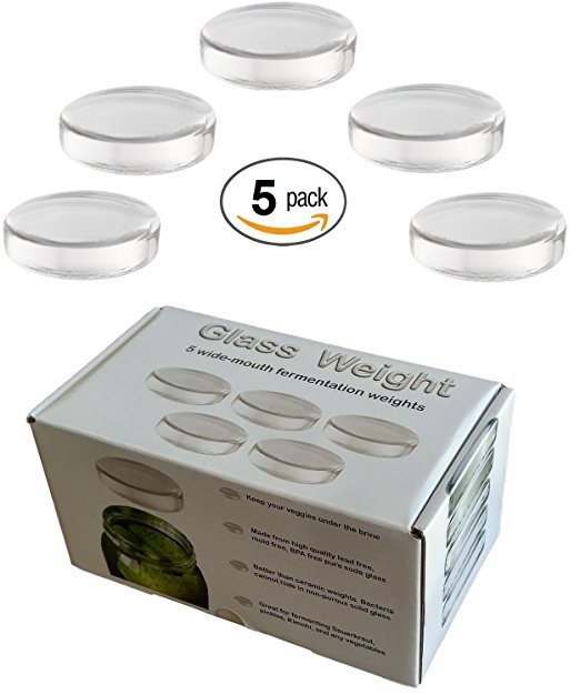 5 Pack - Large glass fermentation weights for wide mouth Mason jars. Preservation and Pickling. Dishwasher safe. Gift box included. Premium Presents brand