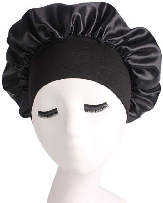 Wide Band Satin Bonnet Cap Comfortable Night Sleep Hat Hair Loss Cap (Black)