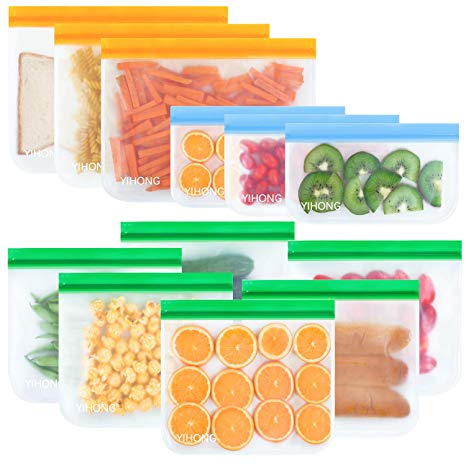 YIHONG Reusable Sandwich Bags, 12 Pack Leakproof Ziplock Bags (3 Snack Bags  6 Sandwich Bags 3 Storage Bags),Freezer Safe,Extra Thick BPA Free Food Storage Bags